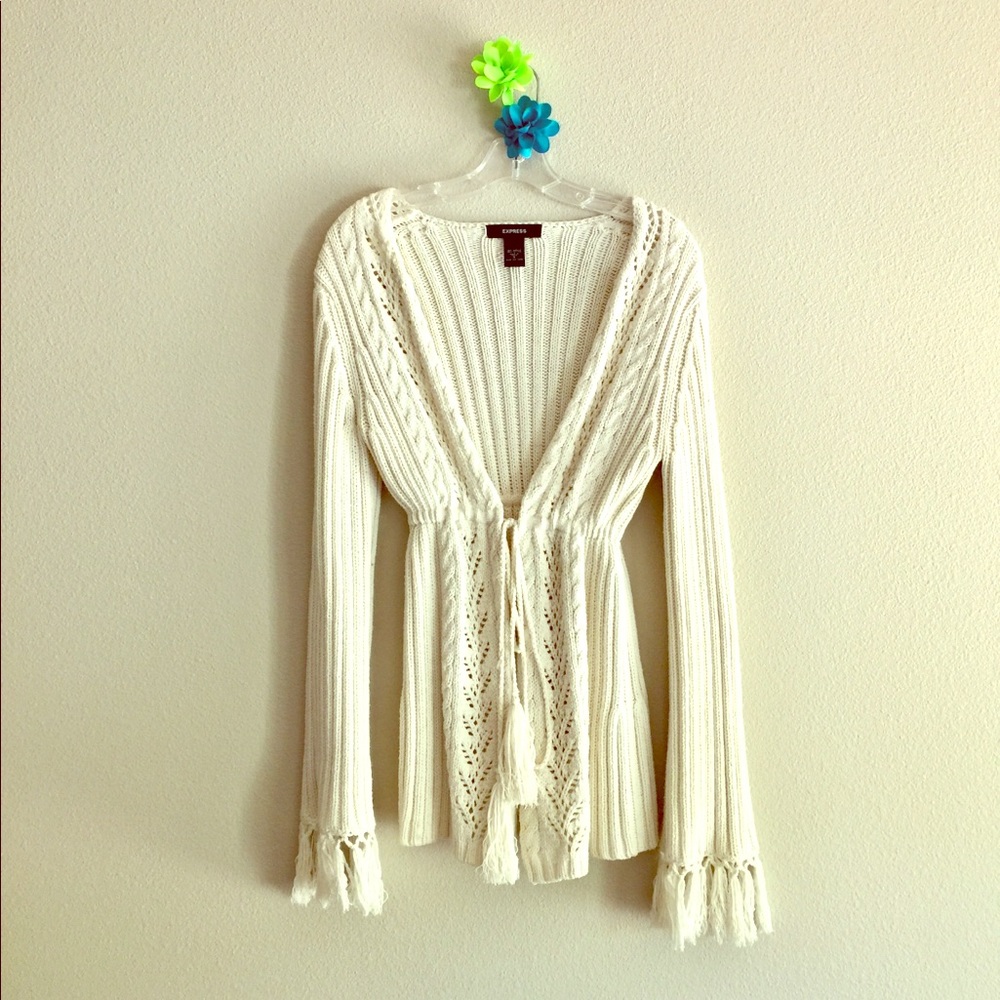 Express Knit Crochet Cream Boho Fringe Cardigan